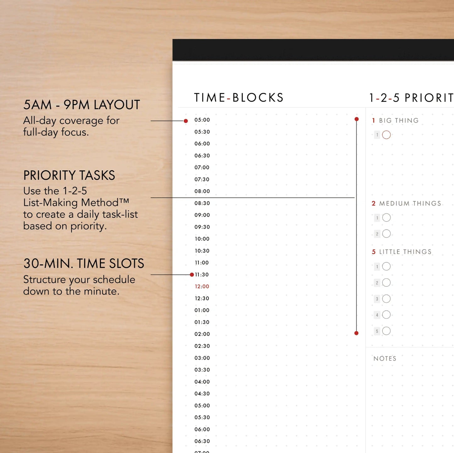 Schedule planner with time-blocks and priority tasks on a wooden surface