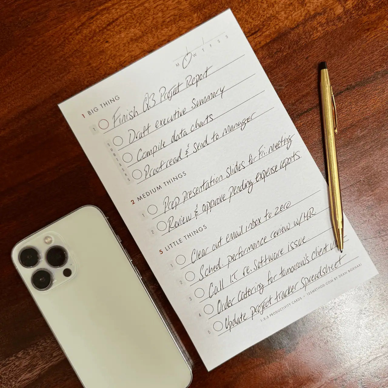 XL sized daily productivity cards with brass pen and iphone 