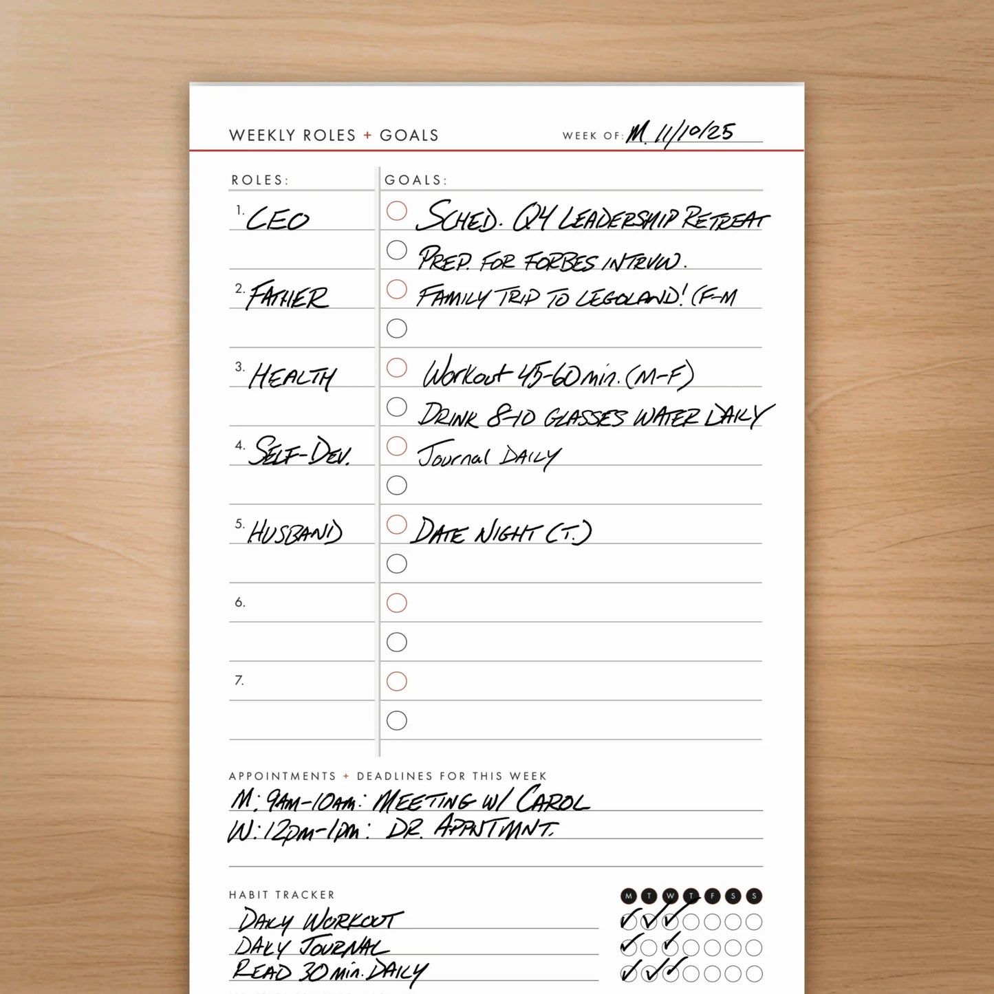 Weekly Planning Pad with Roles + Goals