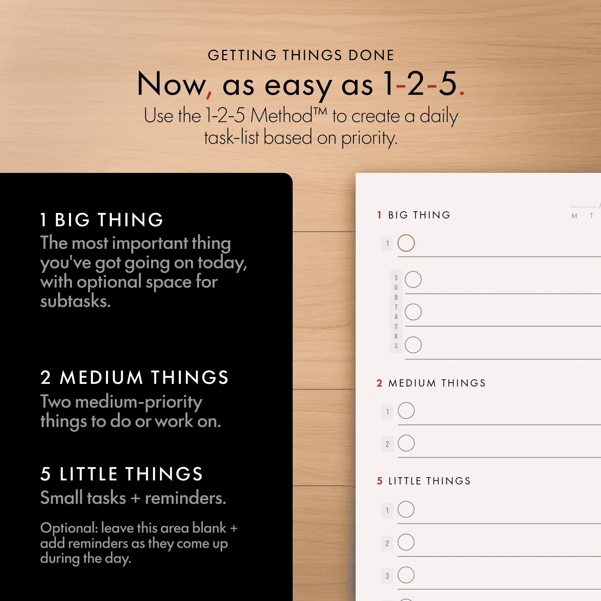 1-2-5-Method task-listing method guide with a black and white layout on a wooden surface