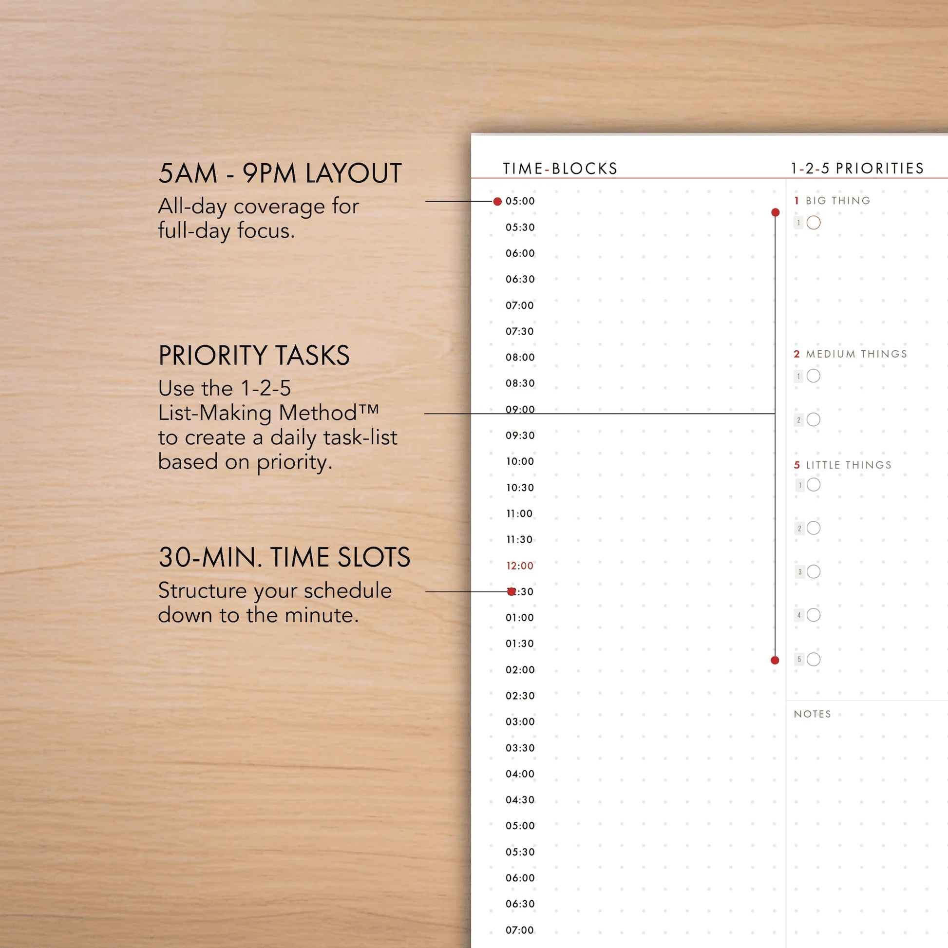 Schedule planner with time blocks and priority tasks on a wooden surface
