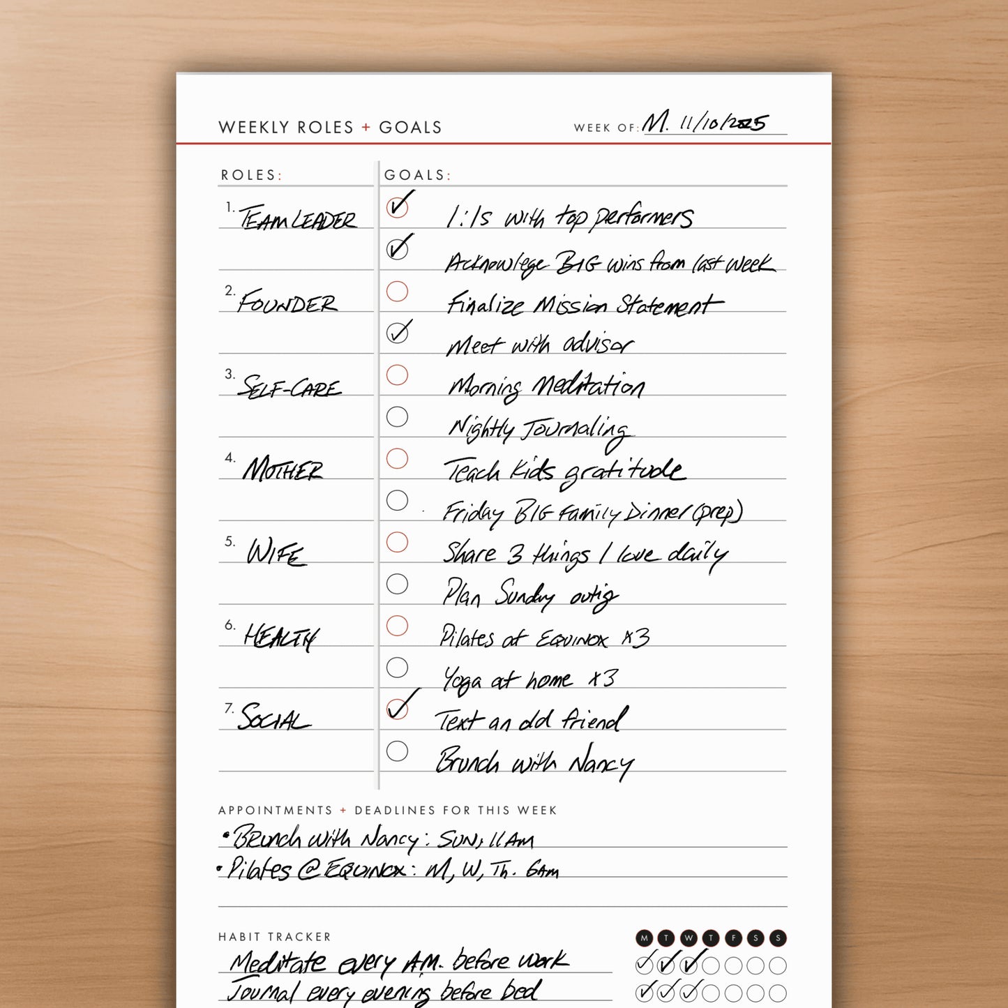 Weekly Planning Pad with Roles + Goals