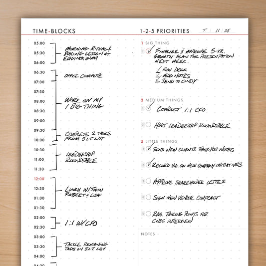 Daily schedule with time-blocks and priorities on a white background
