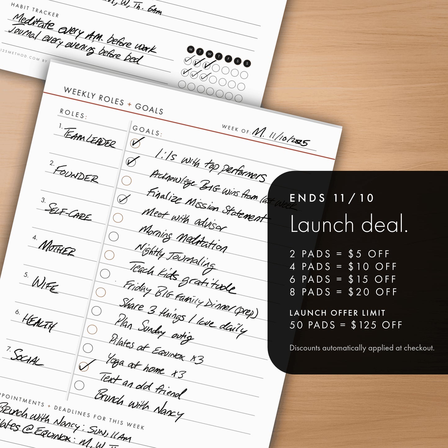 Weekly Planning Pad with Roles + Goals